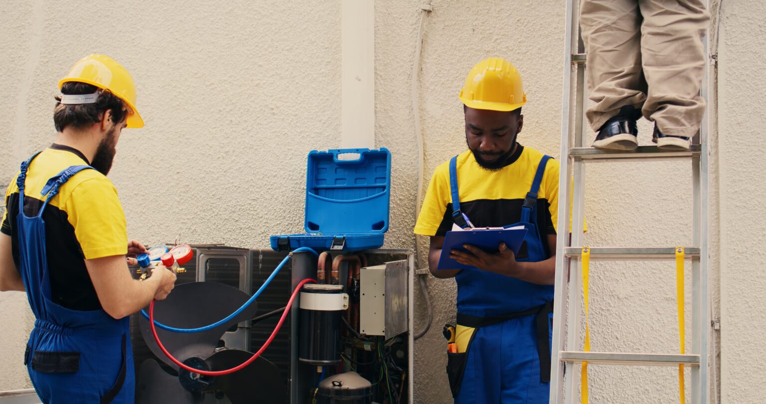 Capable electrician team working with manometers to check air conditioner freon levels, writing result on clipboard. Seasoned wiremen using barometer benchmarking condenser tool